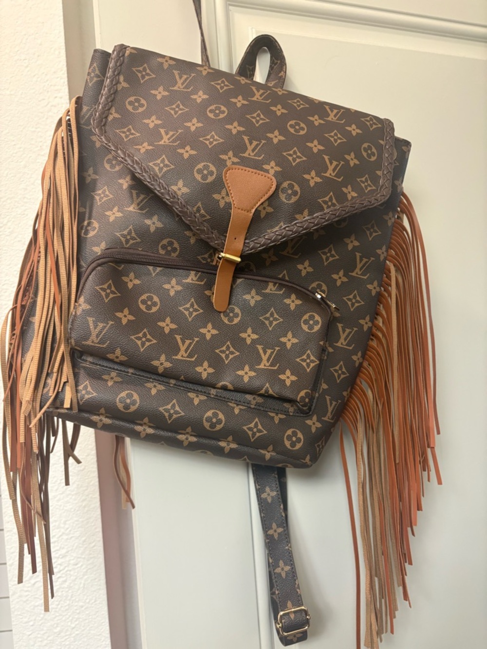 Inspired Monogram Fringe Backpack - Brown/Tan